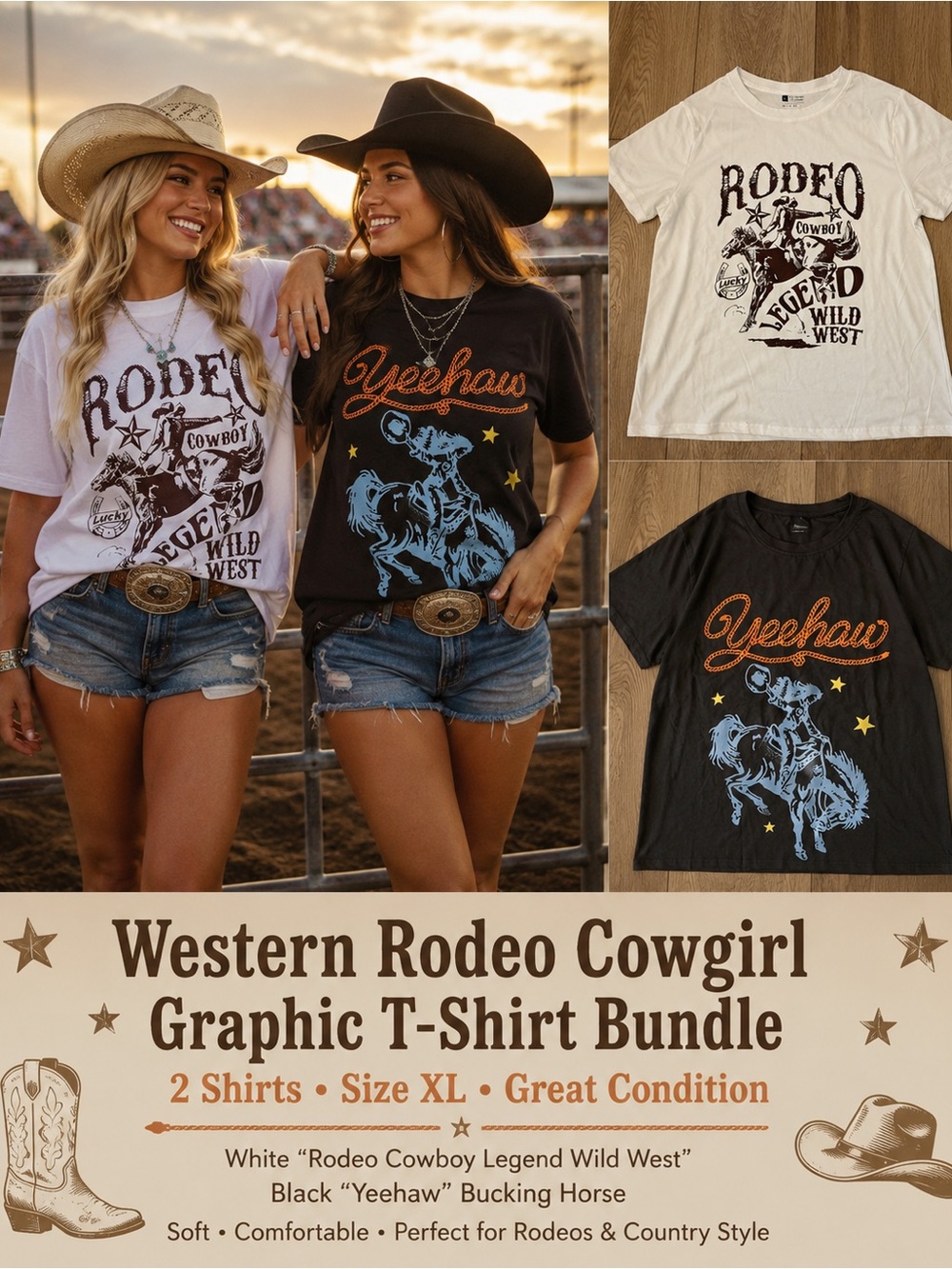 Bundle of 2 Western Rodeo Cowgirl Graphic Tees Size XL Yeehaw & Rodeo Cowboy Shi